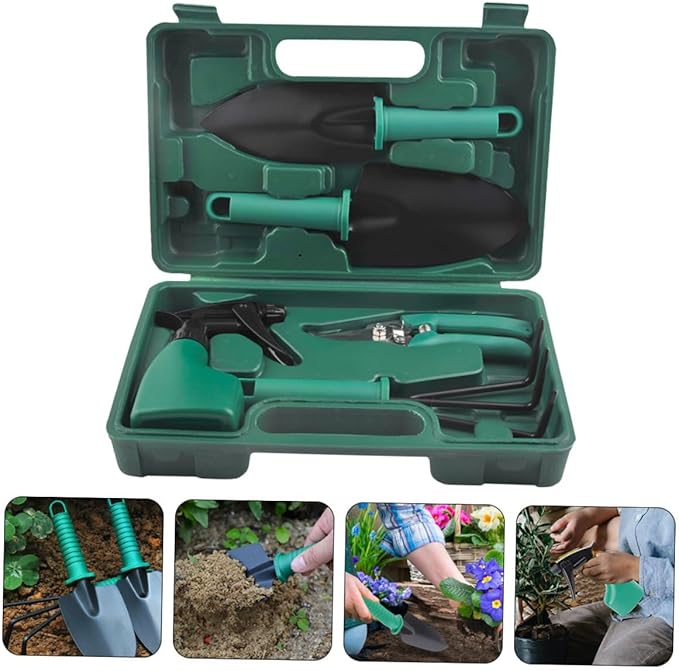 Garden Tool Set with Shovel Rake Pruners 5pcs Portable Gardening Kit for Planting and Outdoor Soil Digging with Carrying Case