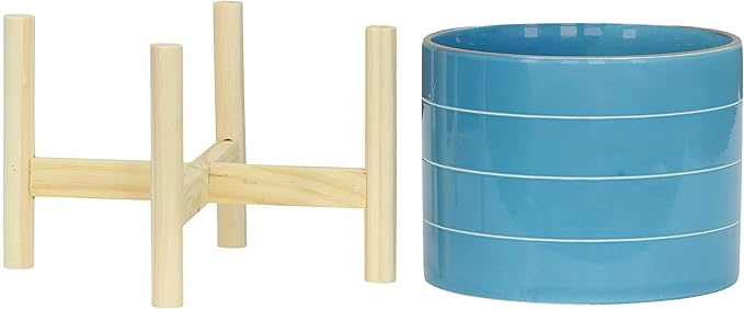 8 Striped Planter W Wood Stand SkyBlue