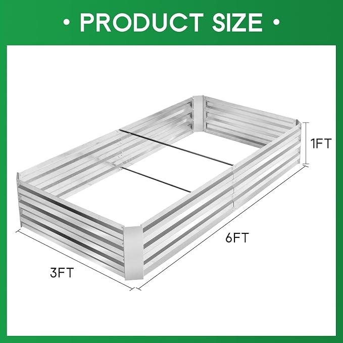 Galvanized Raised Garden Bed 6x3x1 ft Raised Beds for Gardening Outdoor Raised Bed Kit with Metal Pole Reinforcement Anti-Rust Metal Planter Raised Beds for Flowers Vegetables Silver