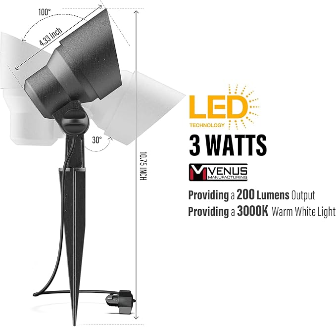 VENUS MANUFACTURING 6 Pack Low Voltage Landscape Spotlight 3W LED Outdoor Landscape Lighting Kits 200 Lumen Black Waterproof Flood Lights 12V 3000K Warm White Metal Tree Lights for Garden &amp Yard