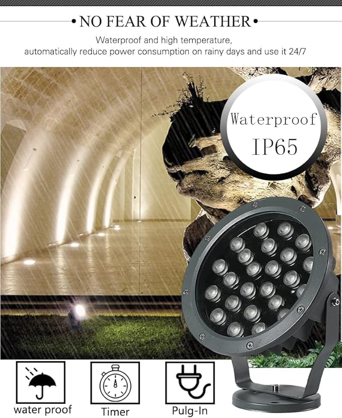 Outdoor LED Spotlight Waterproof Bright Outdoor Landscape Automatic Timer Mini Lawn Lamp 24W Graden Lights Lawn Decorative Lamp with Plug Flag Light Courtyard Facial Lighting Cool White