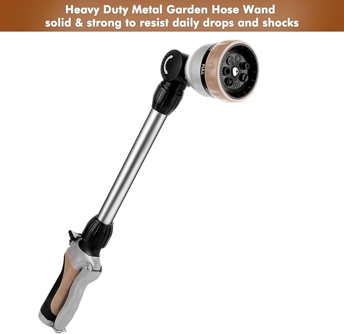 RESTMO Metal Watering Wand Heavy Duty Garden Hose Wand with 180° Swivel Ratcheting Head 16'' Hose Nozzle Sprayer with 7 Spray Patterns and Flow Control for Water Hanging Baskets and Shrubs Gold