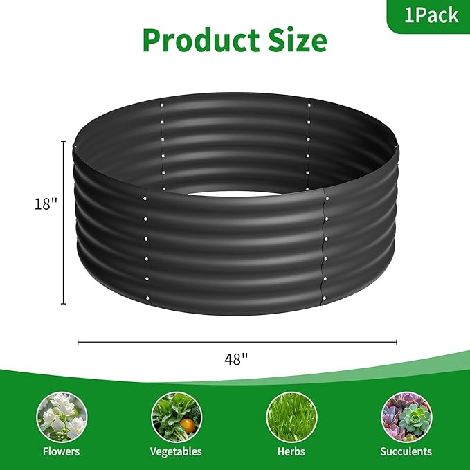 DDK Galvanized Raised Garden BedRound Outdoor Planter Bed 4x4x1.5ft Metal Planter Box for Gardening and PlantingBK