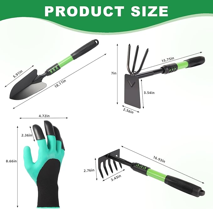 Garden Tool Set 4 Pack Gardening Tools Stainless Steel Heavy Duty Hand Cultivator Hoes Shovel for Planting Weeding Digging Gardening Gifts for Women Green