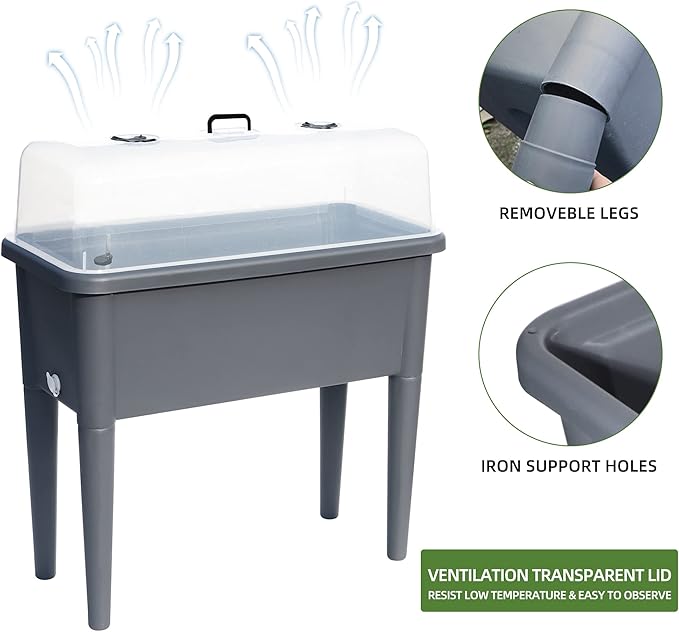 Dexceder 13.2 Gallon Self Watering Raised Garden Bed with Ventilation Transparent Lid Greenhouse Deepen Vegetable Flower Box Planter Pot with Removeble Legs &amp Water Level Indicator (Deep Gray)