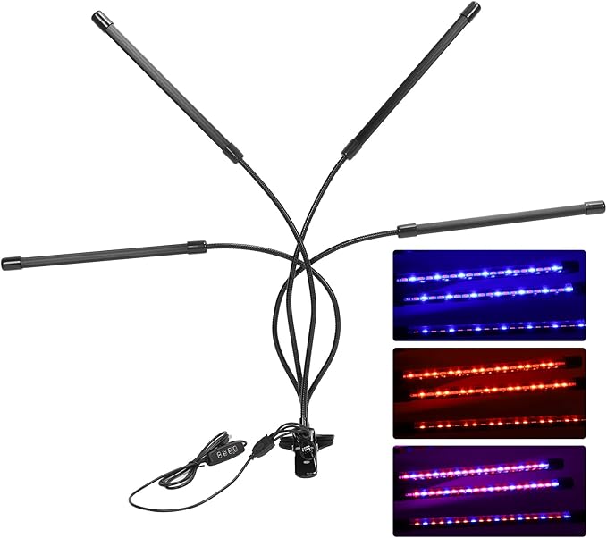 4 Head LED Timing Plant Grow Light with Clamp Full Spectrum Red Blue Felxible Grow Lamp for Indoor Plants Greenhouse Office Gardening