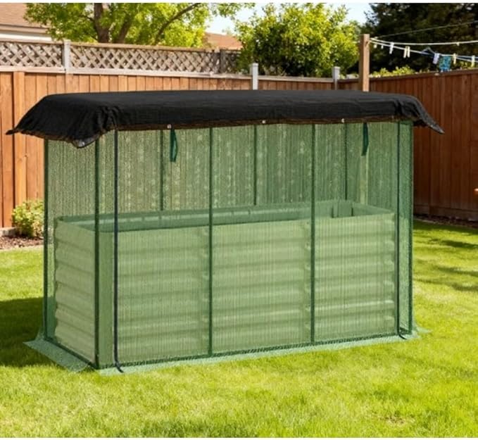 Heavy-Duty Galvanized Steel Raised Garden Bed with Integrated Crop Cage and Adjustable Shade Cloth for Outdoor Vegetable and Flower Growing (Beige + HDPE + Steel-1)