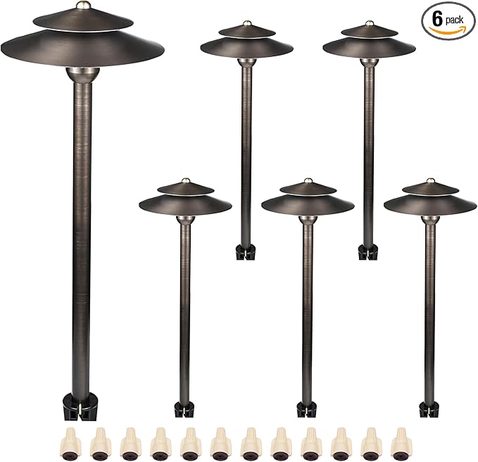 DOSHINE® Solid Brass Low Voltage Landscape Lighting Pathway Lights (8.25 Shade 22 Tall) with Replaceable 3W G4 LED Bulb 3000K AC/DC 12V and Ground Stake for Outdoor Walkway Driveway (DOU 6-Pack)