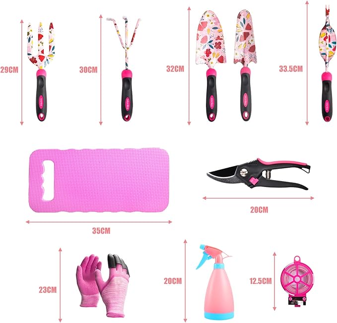 Monika 20-Piece Gardening Tool Set for Women Heavy Duty Rust-Proof Stainless Steel with Pink Floral Carry Bag Includes Trowel Transplanter Cultivator Pruner Ideal Gift for Garden Lovers