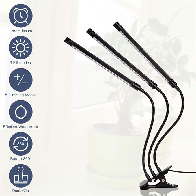 27W LED Plant Grow Light Indoor 3-Head 360¡ãFlexible Gooseneck Arm with Automatic Timing Function Grow Light 5 Dimmable Levels Spectrum with Desk Clip Plant Light