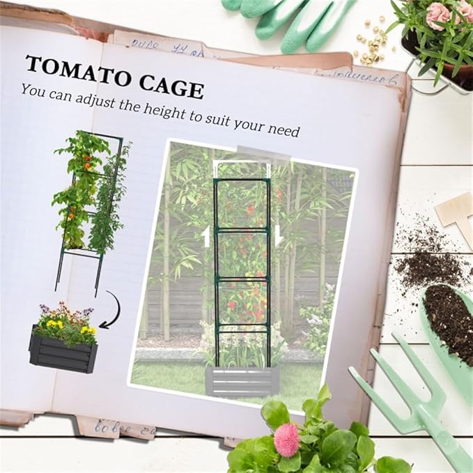 Metal Garden Arch with Raised Planter &amp Adjustable Tomato Cage – Galvanized Steel Trellis for Climbing Plants Vegetables and Fruits