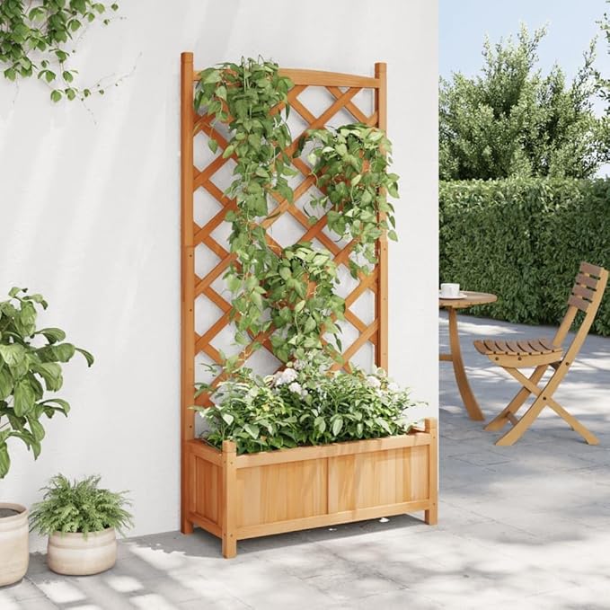 Wood Planter with Trellis Brown Solid Fir Wood Raised Garden Bed Large Outdoor Planter Box for Climbing Plants Patio Garden