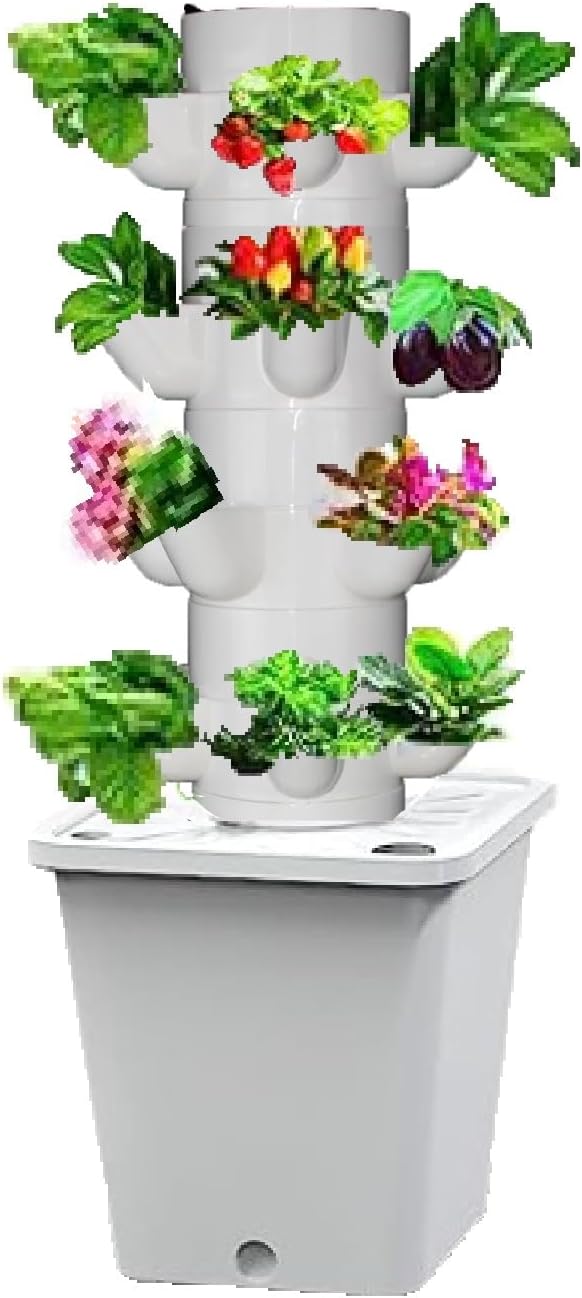 Hydroponic Grow TowerSilent Pump Garden Growing System with Water Tank Automatic Watering Hydroponic System for Herbs Fruits Vegetable(White20holes)