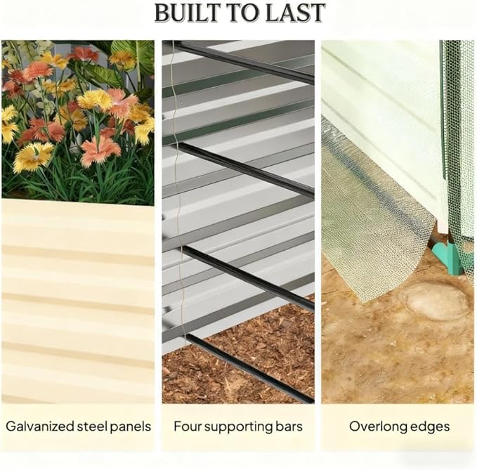 Heavy-Duty Galvanized Steel Raised Garden Bed with Integrated Crop Cage and Adjustable Shade Cloth for Outdoor Vegetable and Flower Growing (Beige + HDPE + Steel)
