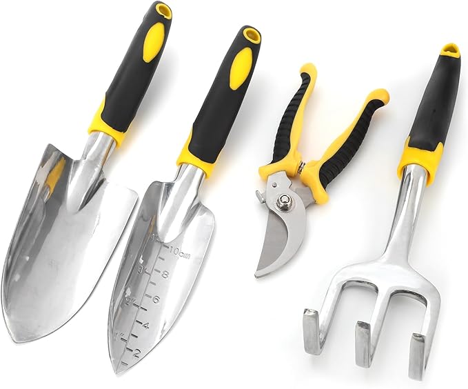 5Pcs Gardening Tool Kit Transplanting Spade Pruner with Cast Aluminium Head Heavy Duty Ergonomic Wood Handle for Planting Flowers Gardening Tool Kit Garden Tool Set Gardening