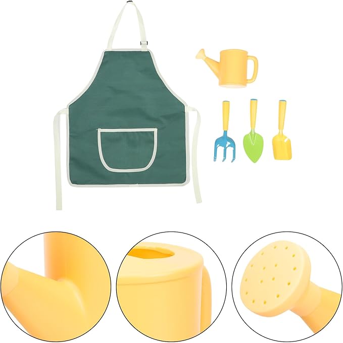 ’s Gardening Tool Set with Watering Can Mini Garden Shovels Rake and Solid Color Apron for Outdoor Planting and Flower Cultivation