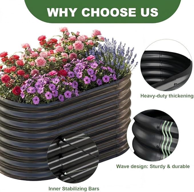 AHEONLAR 2 Pack 4×2×2ft Galvanized Raised Garden Beds Outdoor Oval Sturdy and Durable Planter Boxes for Vegetables Fruits Flowers and Plants Easy Assembly Black