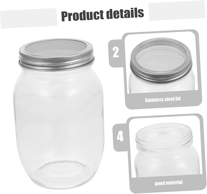 1000ml Mason Glass Sprouting Jar Set with Stainless Steel Filter Lid Portable Wide Mouth Sprout Maker for Home Use Includes Protective Sleeve and Mesh Strainer