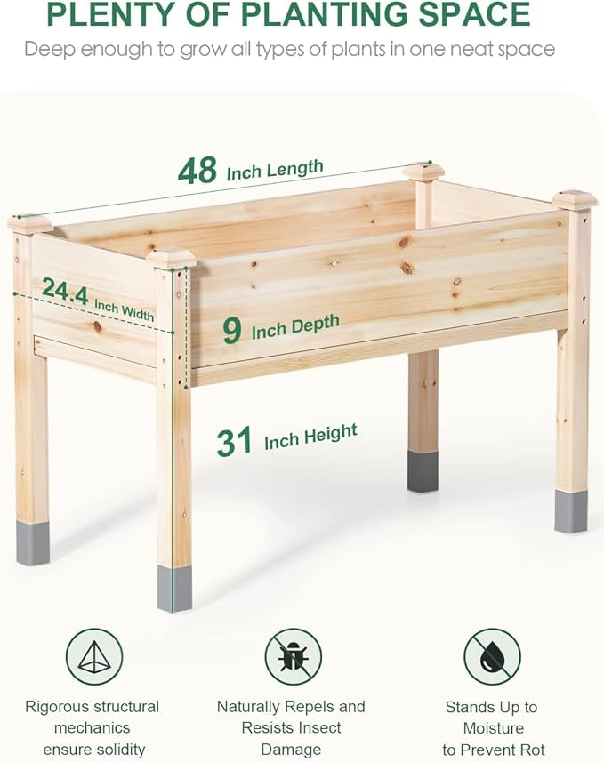 MIXC 331 lb Capacity Wooden Raised Garden Bed with Legs 48x24x31 in. Elevated Reinforced Large Planter Box for Vegetable Flower Herb Outdoors - Beam and Column Structure - Unmatched Strength Outlast