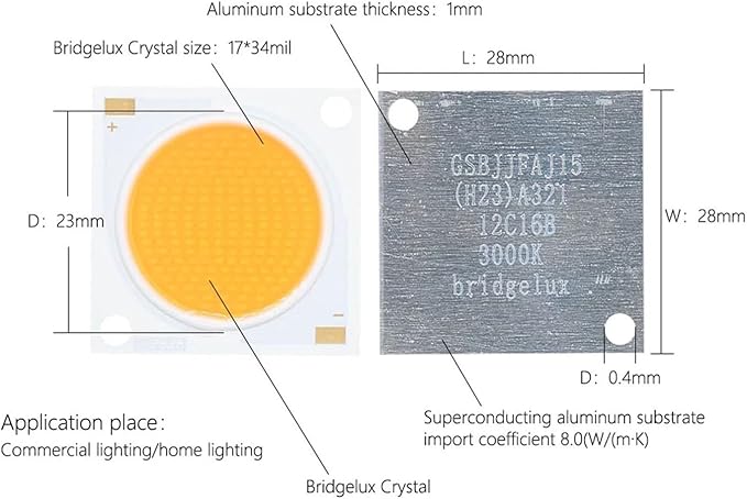 1pcs LED COB Chip Bridgelux Crystal 28 * 28mm Ra90 48W/72W/96W DC36-39V High Lumen Plant Growth Light Home Lighting for Spotlights(Natural White 4000K96W DC36-39V)