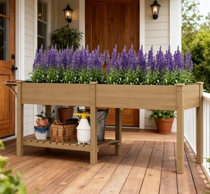 Elevated Garden BedWood Raised GBoxwith Side TableBottom ShelfBed Liners and Drainage Holes