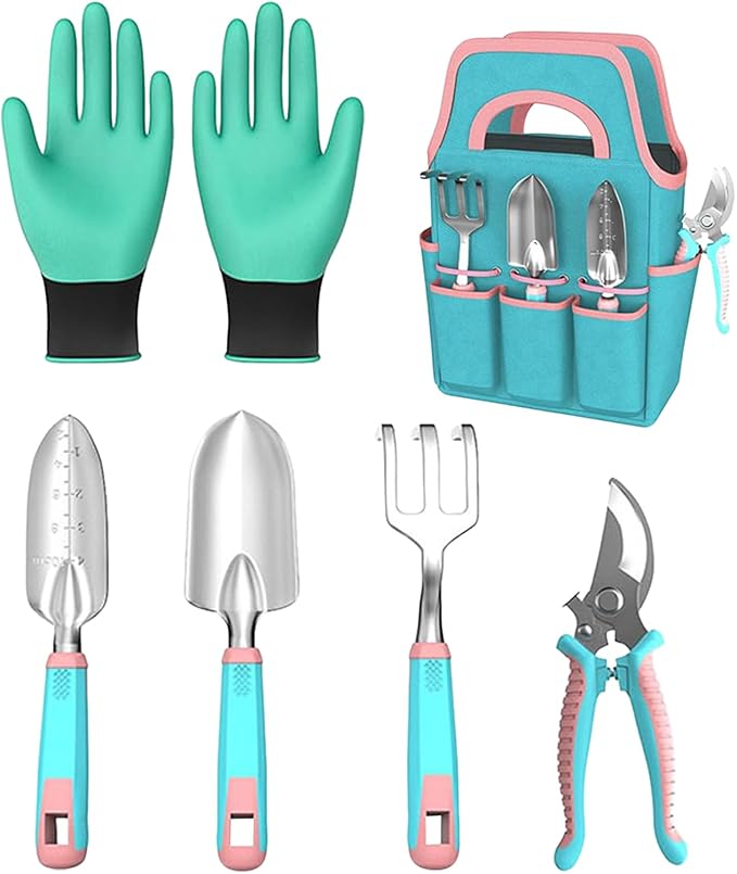 Garden Tools Kit Trowel Rake Pruner Gardening Set with Gloves Hand Tools with Carry Tote Gardening Equipment Tool Set for Indoor Outdoor Lawn Backyard Patio Balcony Greenhouse