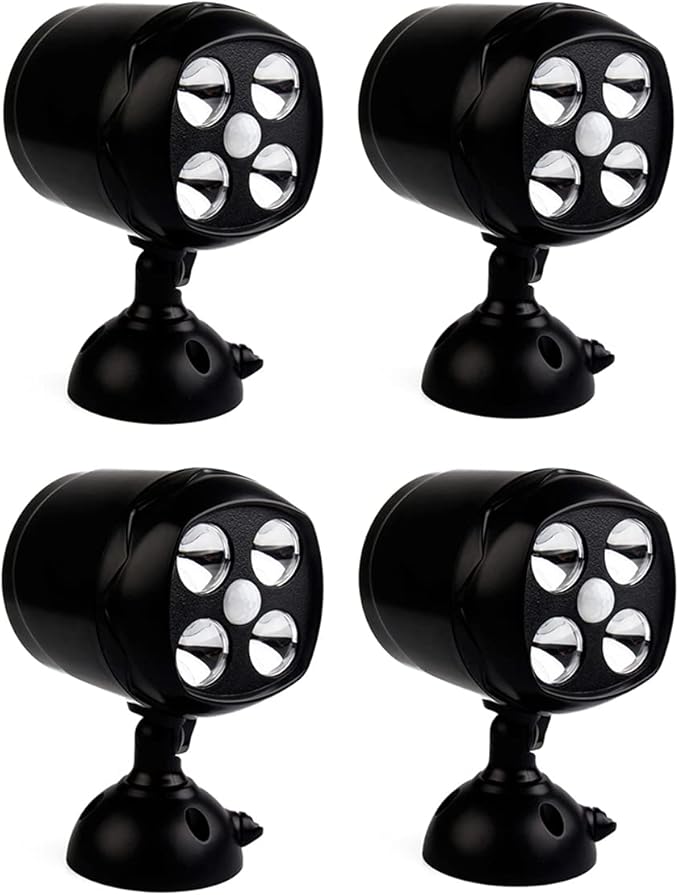 cjc Outdoor Motion Light Motion Sensor Spotlight Wireless Battery Operated Weatherproof Wall LightLighting for Patio Garden Garage Pathway-16W 600 Lumens 4 LED Security Lights (4 Pack)