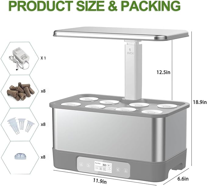hydroponics Growing System 8 Holes Indoor herb Garden with app Control Vegetables Fruits Flowers Mode LED Customized Spectrum 30cm Height Adjustable Touch Screen Indoor Garden Gray