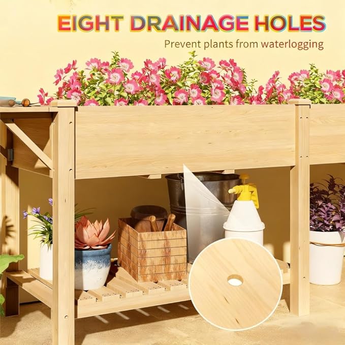Elevated Garden BedWood Raised GBoxwith Side TableBottom ShelfBed Liners and Drainage Holes