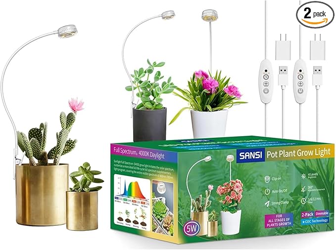 SANSI Grow Lights for Indoor Plants Pot Clip LED Plant Lights for Indoor Growing Full Spectrum Plant Lamp with 4-Level Dimmable Auto On Off 3 6 12 Hrs Timer for Succulents Small Plant White 5V