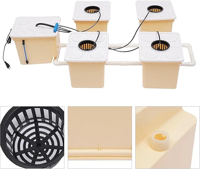 DWC Hydroponics Grow System Kit with 5-Bucket /2.91-Gallon Deep Water Culture Triangular Cover Design Recirculating Top Drip Kit 4W Air Pump with Hose（Including Cultivation Soil ）