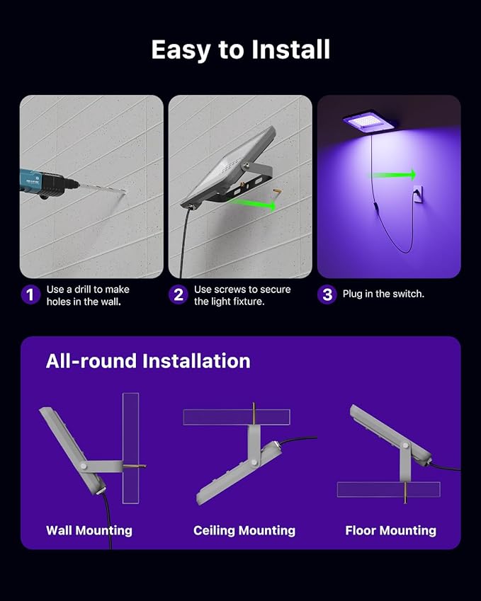 4 Pack 50W Blacklight Flood Lights Wired 120V IP66 Waterproof UV Led Black Lights for Fluorescent Decor 3D Resin Prints Uranium Glass Ultraviolet Poster Purple Ambiance Lighting for Glow Party