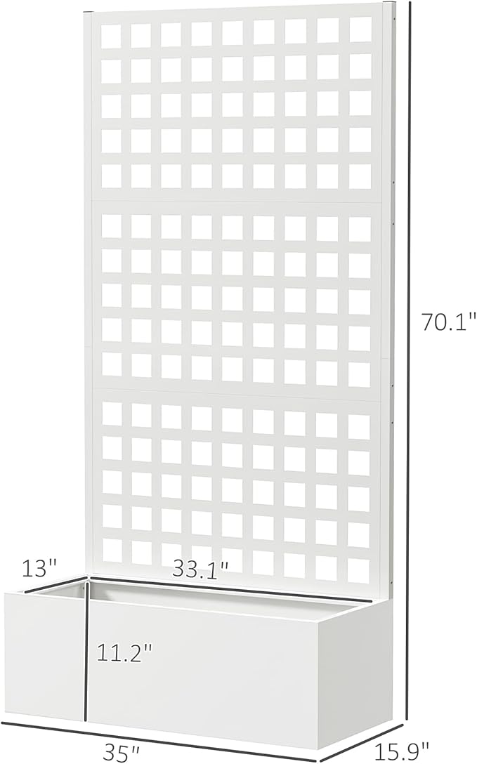 Outsunny Galvanized Raised Garden Bed with Trellis Metal Planter Box with Drainage Holes Outdoor Privacy Screen for Climbing Plants Vegetable Vines 35 x 16 x 70 White