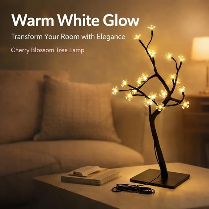 Cherry Blossoms Tree Lamp with 24 LED USB Powered Warm White Light Plastic PVC Bonsai Light for Home Decoration - Romantic Twinkling Lights Flexible Branch Design Ideal for
