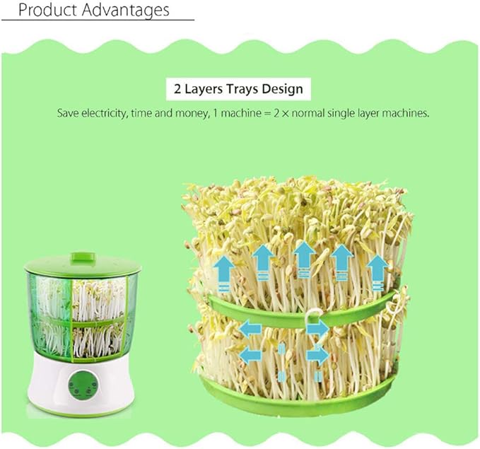 Automatic Bean Sprouts Machine 2 Layers Intelligent Large Capacity Seed Grow Sprouts Maker Microgreens Growing Kit for Radish Alfalfa Wheatgrass