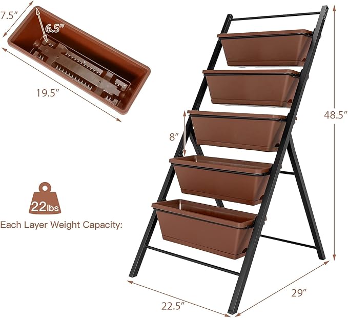 5-tier Vertical Garden Planter Box Heavy-duty and Powder-coated Iron Pipes Elevated Raised Bed with 5 Container Box Each Garden Planter Box 19.5'' x 7.5'' x 6.5''