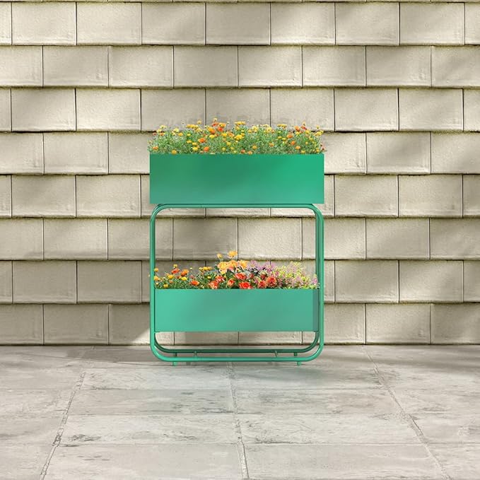 Raised Garden Bed Herb Garden Planter Outdoor - 2 Tier Metal Raised Elevated Garden Bed Planter with Drainage Holes for Patio Lawn Backyard Balcony 24x10x29 Inch Green