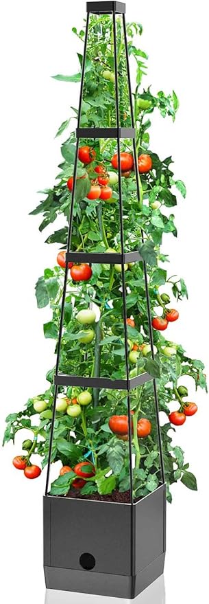 Raised Garden Bed Planter Boxes &amp Trellis vanpein Tomato Cage &amp Planter Pot Outdoor 59 Plant Support with Self Watering for Climbing Vegetable Flowers Vines Plants Gray