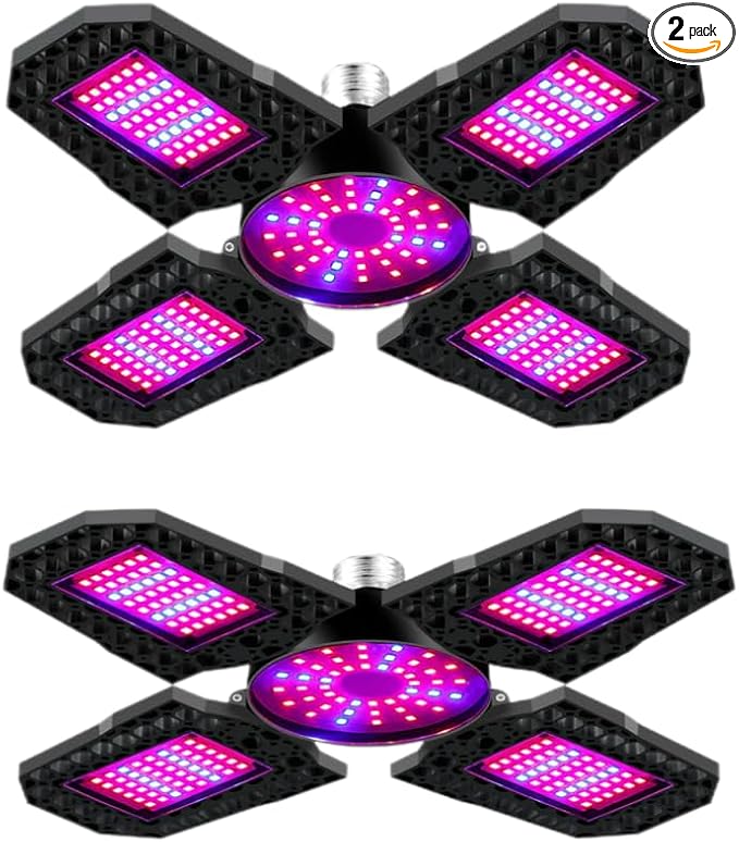 2Pack 600W Flexible Plant Lights E27/E26 LED Hydroponic Greenhouse Lamp 100-277V Indoor Planting Fixtures 4 Bendable Panels Red-Blue Spectrum for Succulent Flower Cultivation Growth Cabinet Fill Light