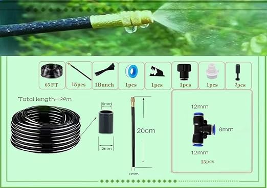 New drip Irrigation kit Automatic Garden Watering System Quick Connector and 360-degree Bending Dropper atomizing Copper Nozzle Garden Plant Lawn Courtyard Watering System. (65FT)