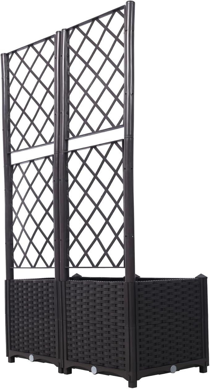 Dawn Poly Rattan Brown Trellis Raised Bed with Drainage Plug - 2 Removable Pots with Large Flower Boxes - Built-in Support for Climbing Plants - Outdoor Patio Garden Decoration