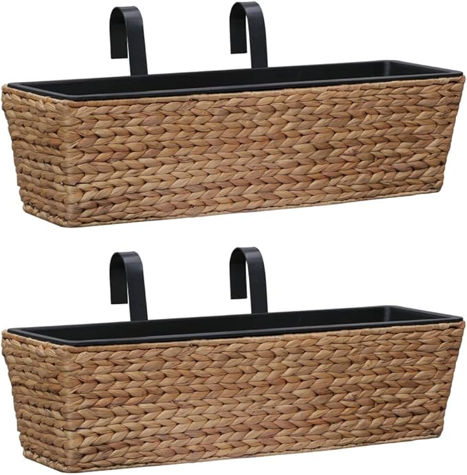 Rectangular Water Hyacinth Planter Set of 2 Brown &amp Black Woven Design Steel Frame Indoor Plant Pots with Removable Liners 23.6x23.6x7.1 inch for Living Room Decor