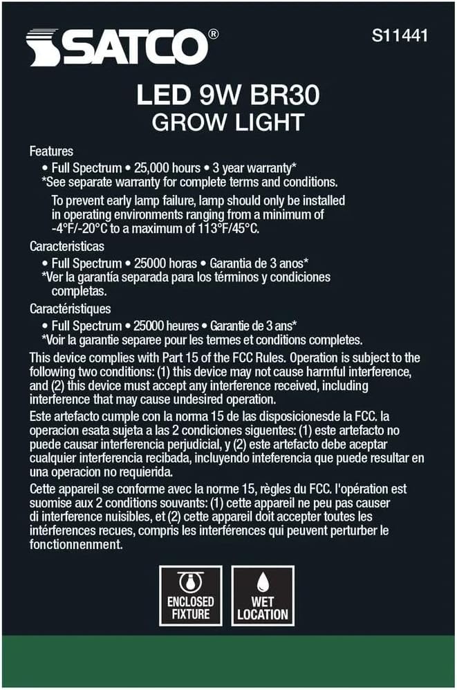 Satco (S11441 9 Watts Full Spectrum Plant Grow Lamp Medium Base 120 Volt Help Grow Ornament Plants and Succulents for Wet Rated Locations Neutral White (6 LED Light Bulbs)