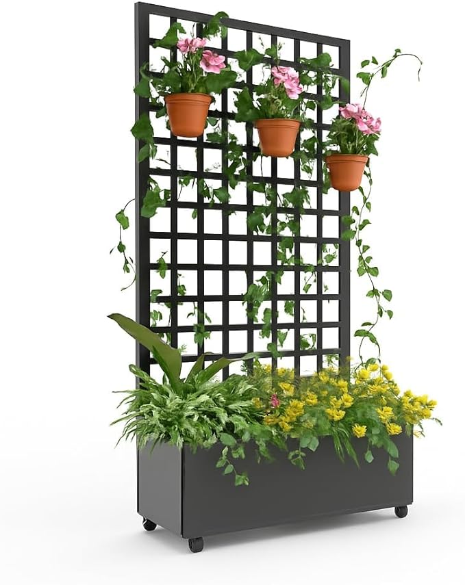 Metal Planter Box with Diamond Trellis 72X47 Galvanized Raised Garden Bed on Locking Wheels Deep Planter with Drainage for Climbing Plants Flowers Patio &amp Balcony Black