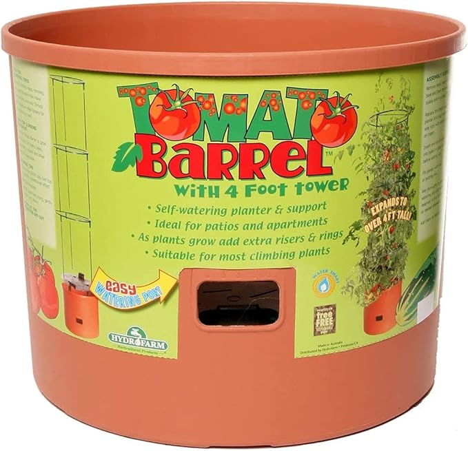 Hydrofarm Tomato Barrel Pot Garden Planting System with 4 Foot Trellis Tower &amp Grow!T Coco Coir Mix Block for Hydroponics Indoor and Outdoor Plants