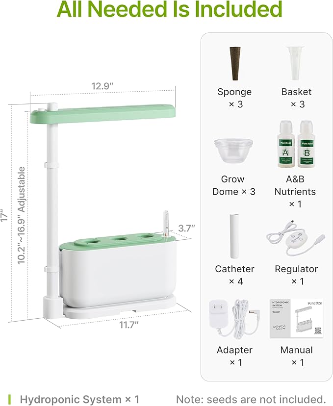 SUNCOZE Hydroponics Growing System Kit with 3 Pods – Full Spectrum LED Grow Light Adjustable Height Indoor Herb Garden Compact Hydroponic System for BeginnersGardening Gifts
