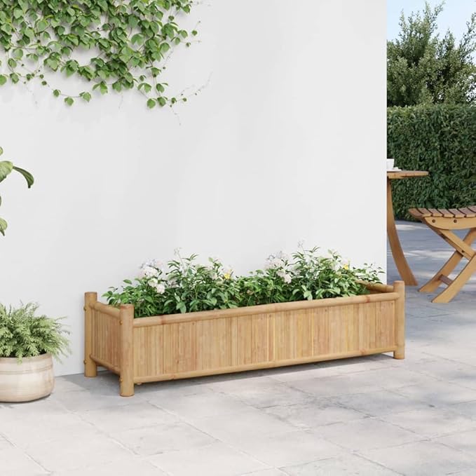 Large Rectangular Natural Bamboo Outdoor Planter Box 39.4 x 11.8 x 9.8 in Rustic Raised Garden Bed for Patio Garden Terrace