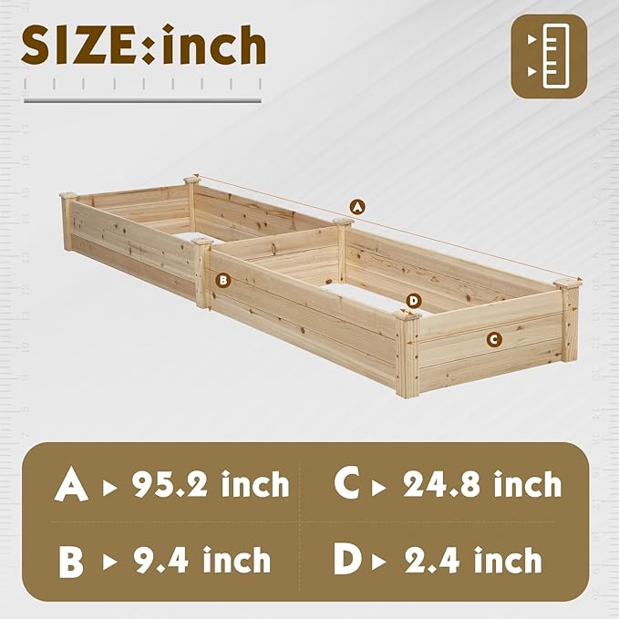 Incbruce 95x24x10 inch Wooden Elevated Raised Garden Bed Planter Elevated Planting Bed Boxes Kit for Vegetable Flower Patio Outdoor Natural