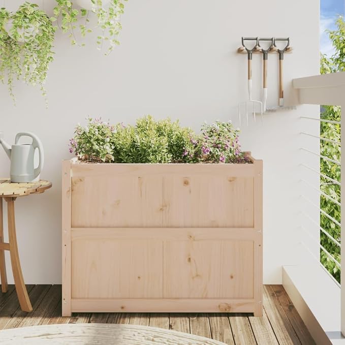 Garden Planter Natural Solid Pine Wood 35.4x19.7x27.6 Inch Raised Garden Bed Rectangular Outdoor Planter Box for Patio Balcony Herbs Flowers