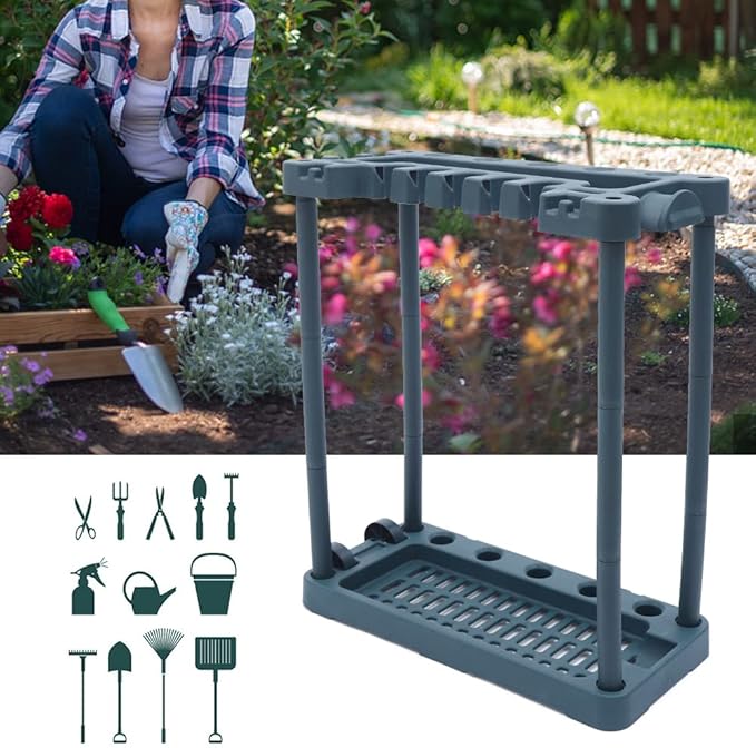 Garden Tool Organizer Rolling Garden Tool Storage Rack Tower with 2 Wheels Heavy Duty Garden Tool StandUp to 40 Long-Handled Tools/Rakes/Brooms for Indoor and Outdoor